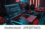 DJ Mixing Music on a Laptop and Mixing Board for your background business, poster, wallpaper, banner, backdrop, greeting cards, and advertising for business entities or brands.