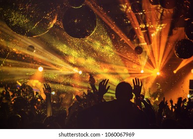 Dj Night Club Party Rave With Crowd In Music Festive