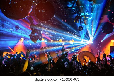 Dj Night Club Party Rave With Crowd In Music Festive