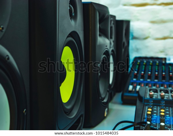 dj professional audio speakers in the studio,\
close up view\
