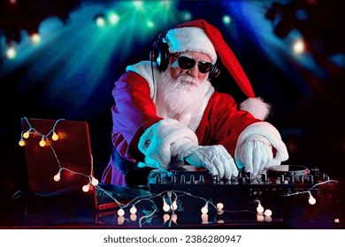 DJ Santa Claus mixing tracks in a nightclub at a Christmas and New Year party or Corporate events. Senior disc jockey as Santa listening music, headphones, laptop, mixer controller player, turntable.