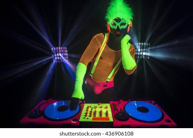 Dj Sexy Male Disco Dancer Play Records In UV Costume