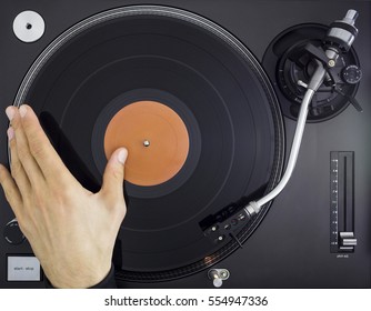 DJ Turntable, Hand Hold And Scratch Vinyl Record, Top View