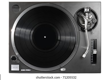 Dj Turntable Isolated On White Background. Professional Turn Table Player In Flay Lay For Poster Desing. 