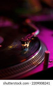 Dj Turntable On Concert Stage. Turntables Needle On Vinyl Record With Music. Professional Turn Table Player For Disk Jokey. Turntables Needle Playing Musical Tracks. KYIV - 1 OCTOBER,2022