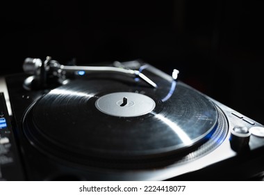 Dj Turntable Playing Vinyl Record With Music On Hip Hop Party. Professional Analog Turn Table Player For Disc Jockey. Download Stock Photo Of Retro Disk Jokey Audio Equipment