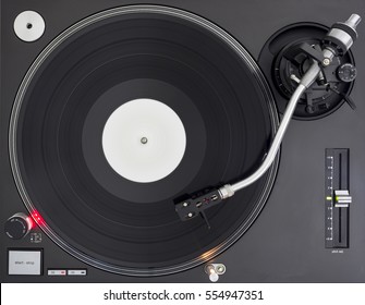 DJ Turntable Playing Vinyl Record, Blank Label, Top View