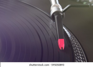 Dj Turntable Top View.Play Music On Vinyl Audio Disc,scratch Records.Hifi Audiophile Turn Table Device.Overhead Dj Audio Equipment.Disc Jockey Turntables Close Up.Player Needle On Vinyl Record