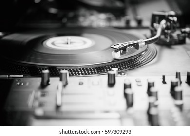 Dj Turntable.Vinyl Record Player.Pro Analog Sound Technology For Concert Disc Jockey.Closeup Of Stage Audio Equipment For Professional Studio,night Club Festival.Scratch Records On Turn Tables