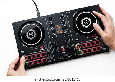 DJ Is Using The Digital DJ Deck Controller For Computer And Tablet, Top View.