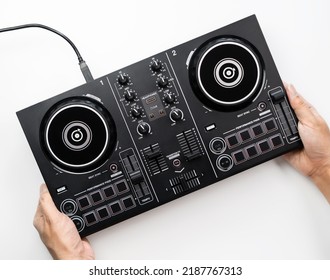 DJ Is Using The Digital DJ Deck Controller For Computer And Tablet, Top View.