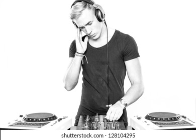 DJ At Work In Front Of White Background