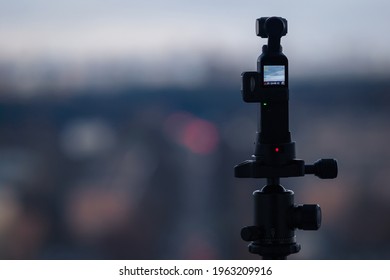 DJI Osmo Pocket Camera Capturing Time Lapse - Action Camera Working Mounted On Tripod, Moscow, 21 April 2021