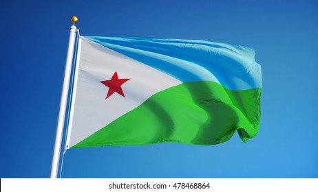 Djibouti Flag Waving Against Clean Blue Sky, Close Up, Isolated With Clipping Path Mask Alpha Channel Transparency