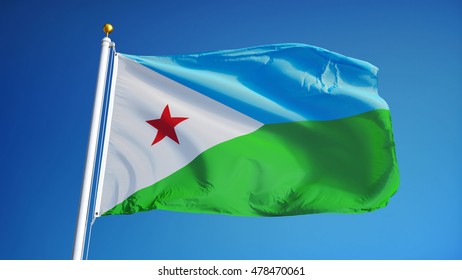 Djibouti Flag Waving Against Clean Blue Sky, Close Up, Isolated With Clipping Path Mask Alpha Channel Transparency