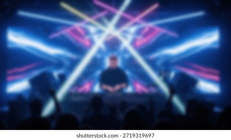 DJs electrifying set ignites ecstatic crowd under vibrant laser show.