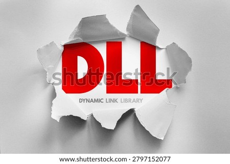 DLL Dynamic Link Library text emerging from torn paper symbolizing shared code resources, modular programming, software dependencies, application performance, system architecture, development tools