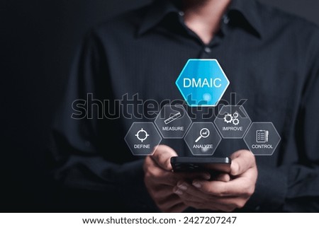 DMAIC concept. Define, Measure, Analyze, Improve and Control. Person using mobile smartphone with DMAIC continuous improvement tools for process quality