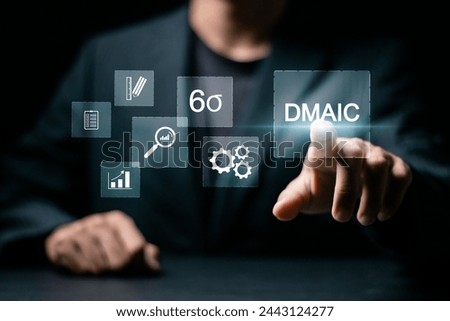 DMAIC concept. Define, Measure, Analyze, Improve and Control. Businessman touching DMAIC continuous improvement tools on virtual screen for process quality.
