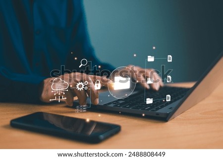 DMS concept, Document Management System. Online software process store, data organize workflow, file folder track and manage digital document. Centralized repository for efficient database storage