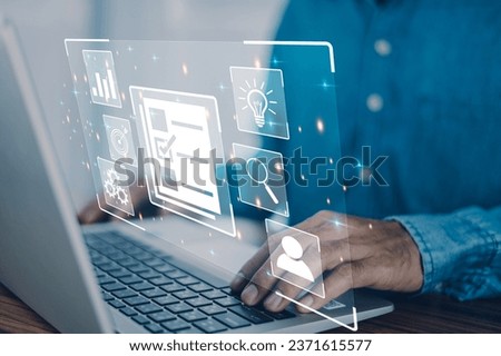DMS is document management concept, Man using a computer to document management in online documentation database and digital file storage system or software, records keeping, database technology