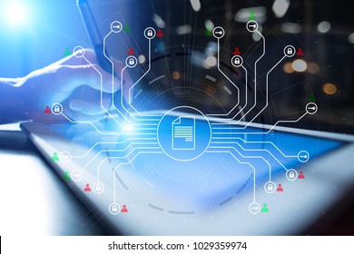 DMS. Document management system concept on virtual screen. Digital rights and security.