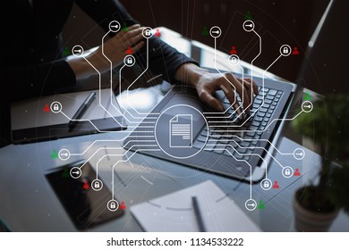 DMS. Document management system concept on virtual screen. Digital rights and security.