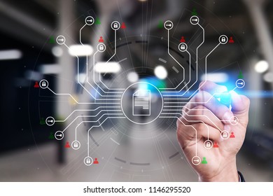 DMS. Document management system concept on virtual screen. Digital rights and security.