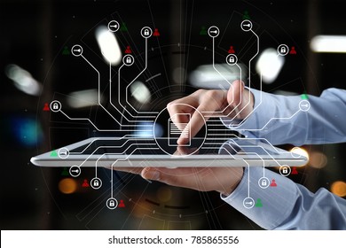 DMS. Document management system concept on virtual screen. Digital rights and security.