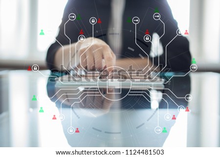 DMS. Document management system concept on virtual screen. Digital rights and security.