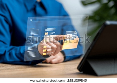 DMS, Document management system concept, Businesswomen search for documents from the cloud, Secure online storage system, Choose electronic document files on tablet, Paperless, reducing paper use