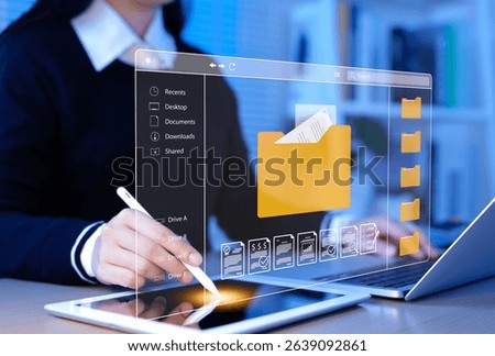 DMS, Document Management System Concept. Businesswoman interacts with digital document management interface on tablet, file organization, cloud storage, documentation, and workflow efficiency.