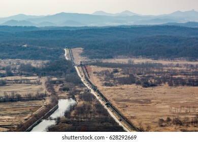 DMZ Fence View From Dora Observatory At South Korea And North Korea Border. 