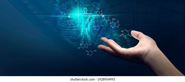 DNA concept of new ideas with Digital Virtual analysis chromosome DNA test of human in situations disease COVID-19 virus on hands in 3D illustration. Of free space for texts and creativity. - Shutterstock ID 1928954993