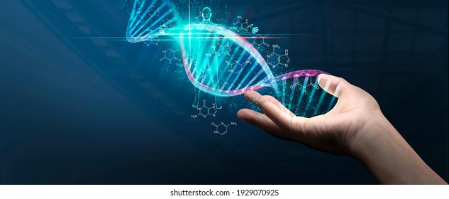 DNA concept of new ideas with Digital Virtual analysis chromosome DNA test of human in situations disease COVID-19 virus on hands in 3D illustration. Of free space for texts and creativity.