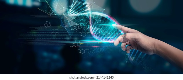 DNA concept of new ideas with Digital Virtual analysis chromosome DNA test of human in situations disease COVID-19 virus on hands in 3D illustration. Elements of this Image Furnished by NASA.