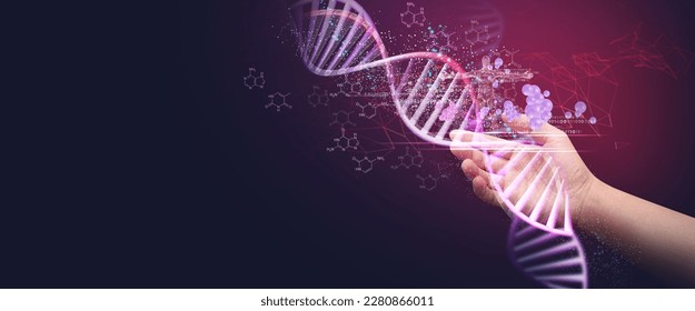 DNA concept of new ideas with Digital Virtual analysis chromosome DNA test of human in situations disease COVID-19 virus on hands in 3D illustration. Of free space for texts and creativity. - Shutterstock ID 2280866011