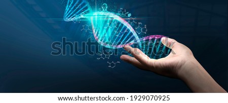 DNA concept of new ideas with Digital Virtual analysis chromosome DNA test of human in situations disease COVID-19 virus on hands in 3D illustration. Of free space for texts and creativity. 商業照片 © 