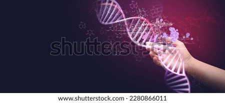 DNA concept of new ideas with Digital Virtual analysis chromosome DNA test of human in situations disease COVID-19 virus on hands in 3D illustration. Of free space for texts and creativity.