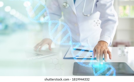 DNA Digital healthcare and network connection with doctor touching hologram modern virtual screen interface on tablet. medical technology concept.  - Powered by Shutterstock