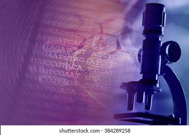 DNA encoding and microscope. Text with nucleobases.