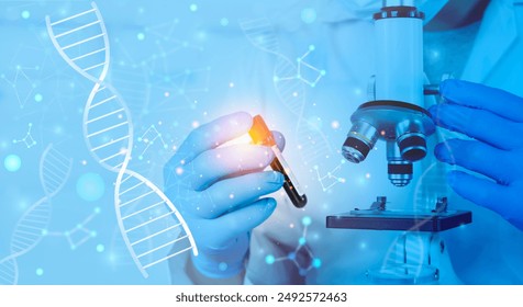 DNA engineering. Research and developement concept background of scientist or reseacher using microscope in biotechnology laboratory  overlay with DNA strand and molecules symbol. - Powered by Shutterstock