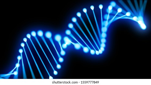 DNA Gene Helix Spiral 3D Loop, Chromosome Molecule Cell Of Blue Light On Black Background. DNA Molecule Or Genome Cell For Molecular Science And Genetic Medicine Technology