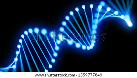 DNA gene helix spiral 3D loop, chromosome molecule cell of blue light on black background. DNA molecule or genome cell for molecular science and genetic medicine technology