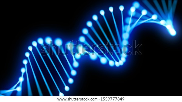 DNA gene helix\
spiral 3D loop, chromosome molecule cell of blue light on black\
background. DNA molecule or genome cell for molecular science and\
genetic medicine technology