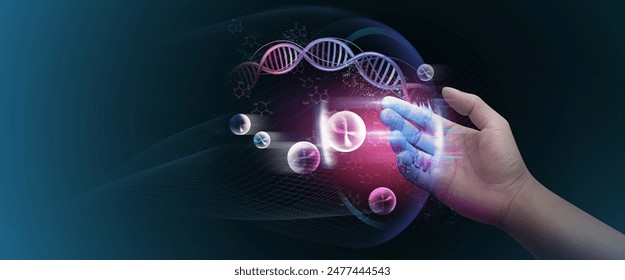 DNA helix concept of new ideas with Digital Virtual analysis chromosome DNA test of human in situations disease COVID-19 virus on hands in 3D illustration. Of free space for texts and creativity. - Powered by Shutterstock