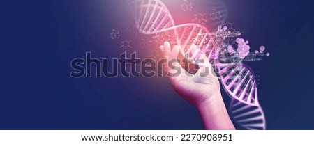 DNA helix concept of new ideas with Digital Virtual analysis chromosome DNA test of human in situations disease COVID-19 virus on hands in 3D illustration. Of free space for texts and creativity.