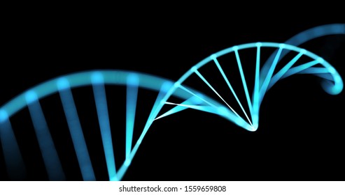 DNA Helix, Gene Molecule Spiral Loop, 3D Genetic Chromosome Cell. DNA Molecule Spiral Of Blue Light On Black Background For Molecular Genetic Science, Genome Biotechnology And Health Medicine