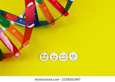 DNA helix structure emotional expression, emoji. Temperament traits determined by genetics. Physical and Personality Traits from DNA. Health and medical educational concept