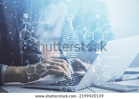 DNA hologram with businessman working on computer on background. Concept of bioengineering. Double exposure. Stock photo © 